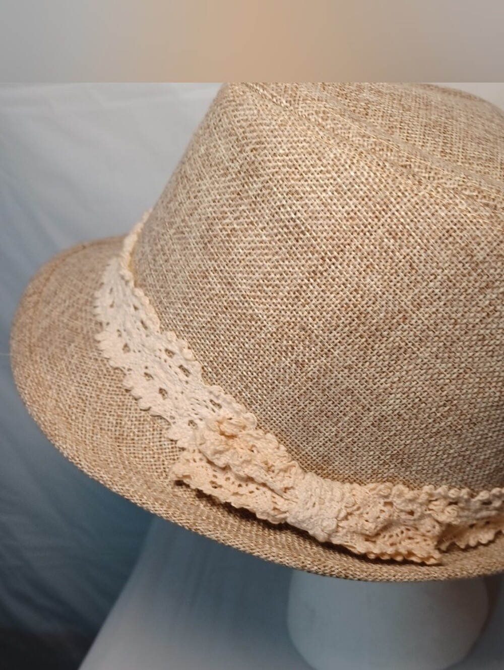 Women's Cream Straw Fedora Hat with Crochet Trim Lacey Crochet Ribbon Bow